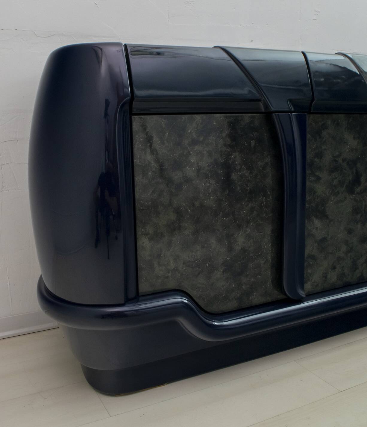 Postmodern Blue Lacquer and Black Marble Sideboard by DBM, Italy, 1980s