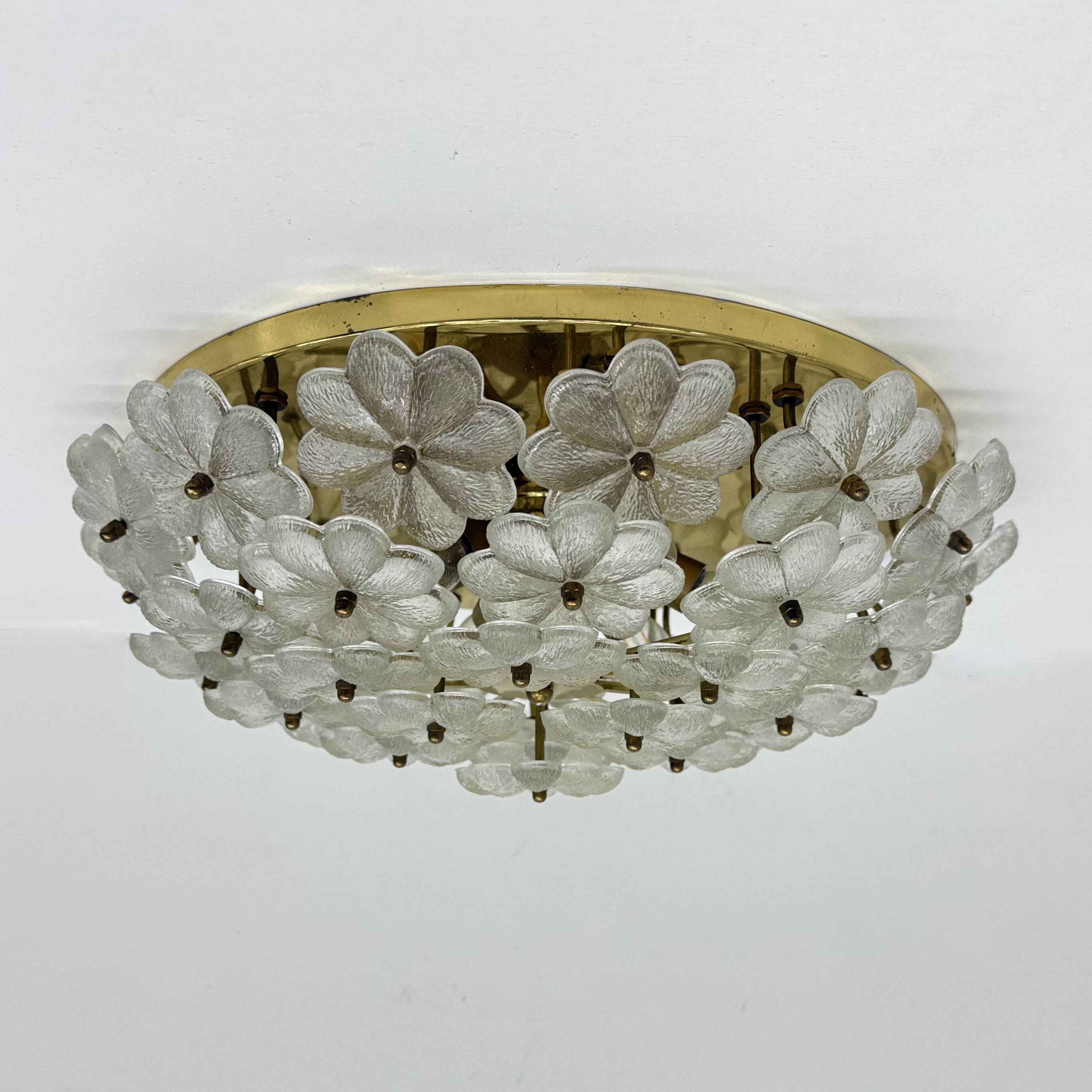 Large Floral Crystal Glass Flush Lamp by Ernst Palme , 1970s