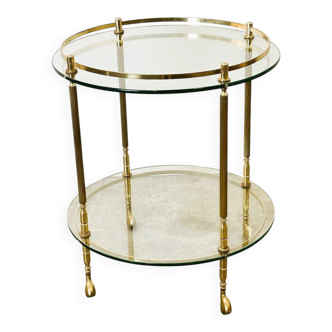 1970s mid-century modern Italian brass and glass round bar cart, Italy.