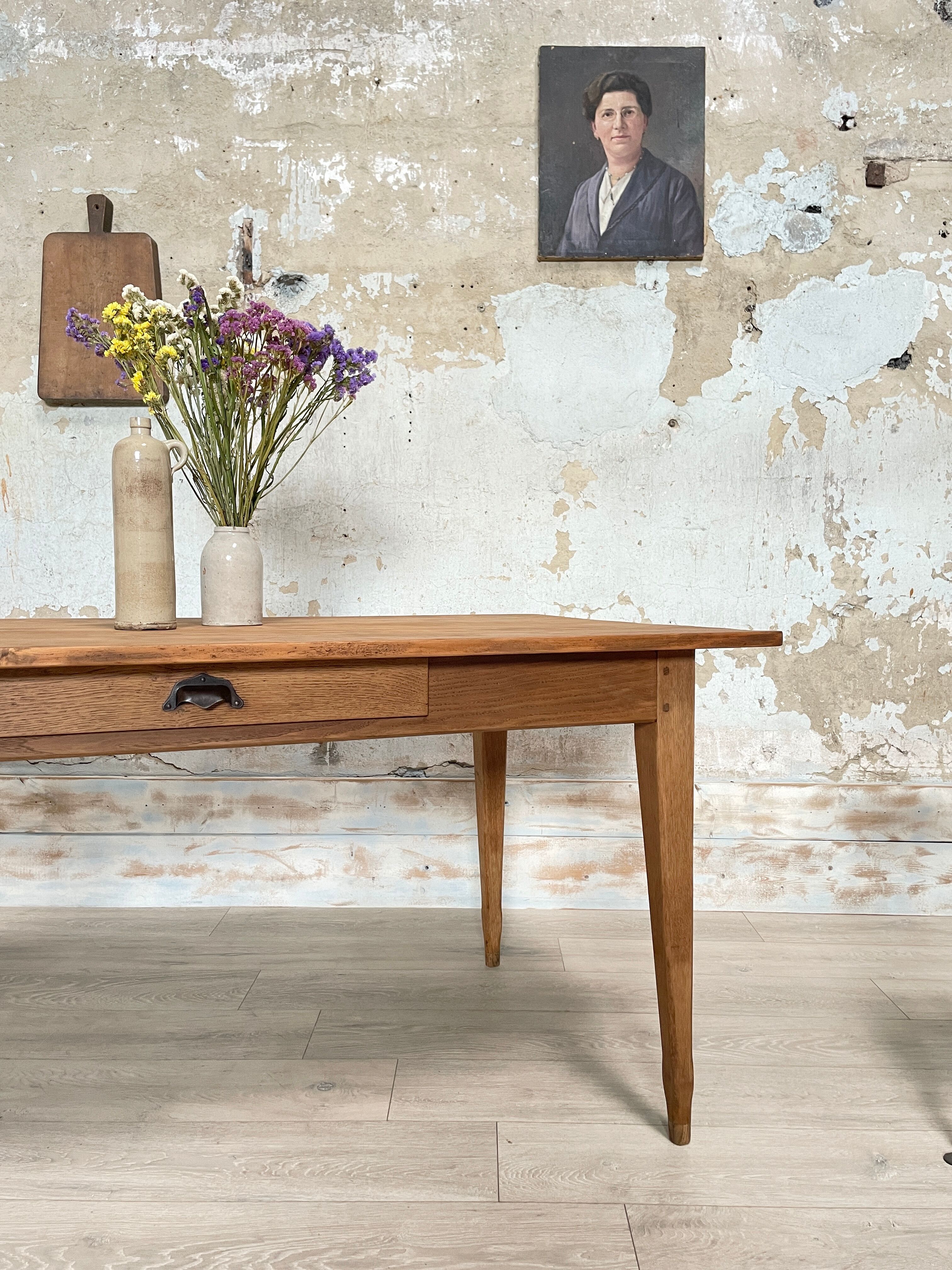 Vintage farmhouse table with spindle legs.