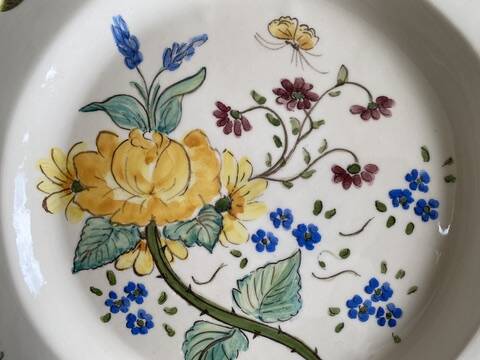 Antique plate with hand-painted floral decoration - Farandol - 29 cm - Green
