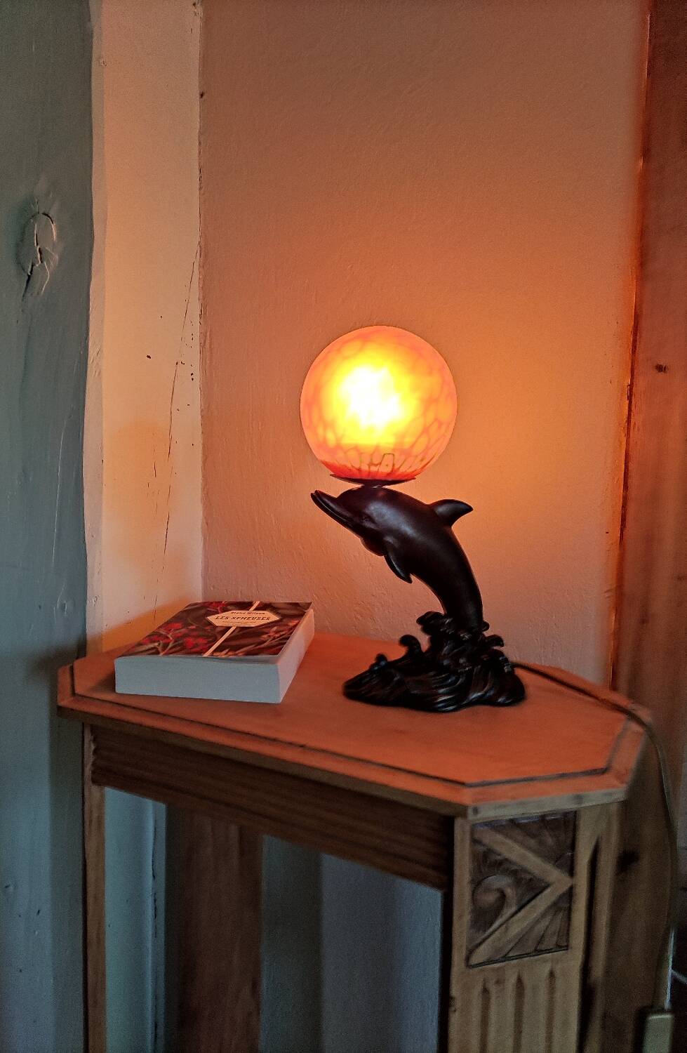 Dolphin night light globe orange glass paste