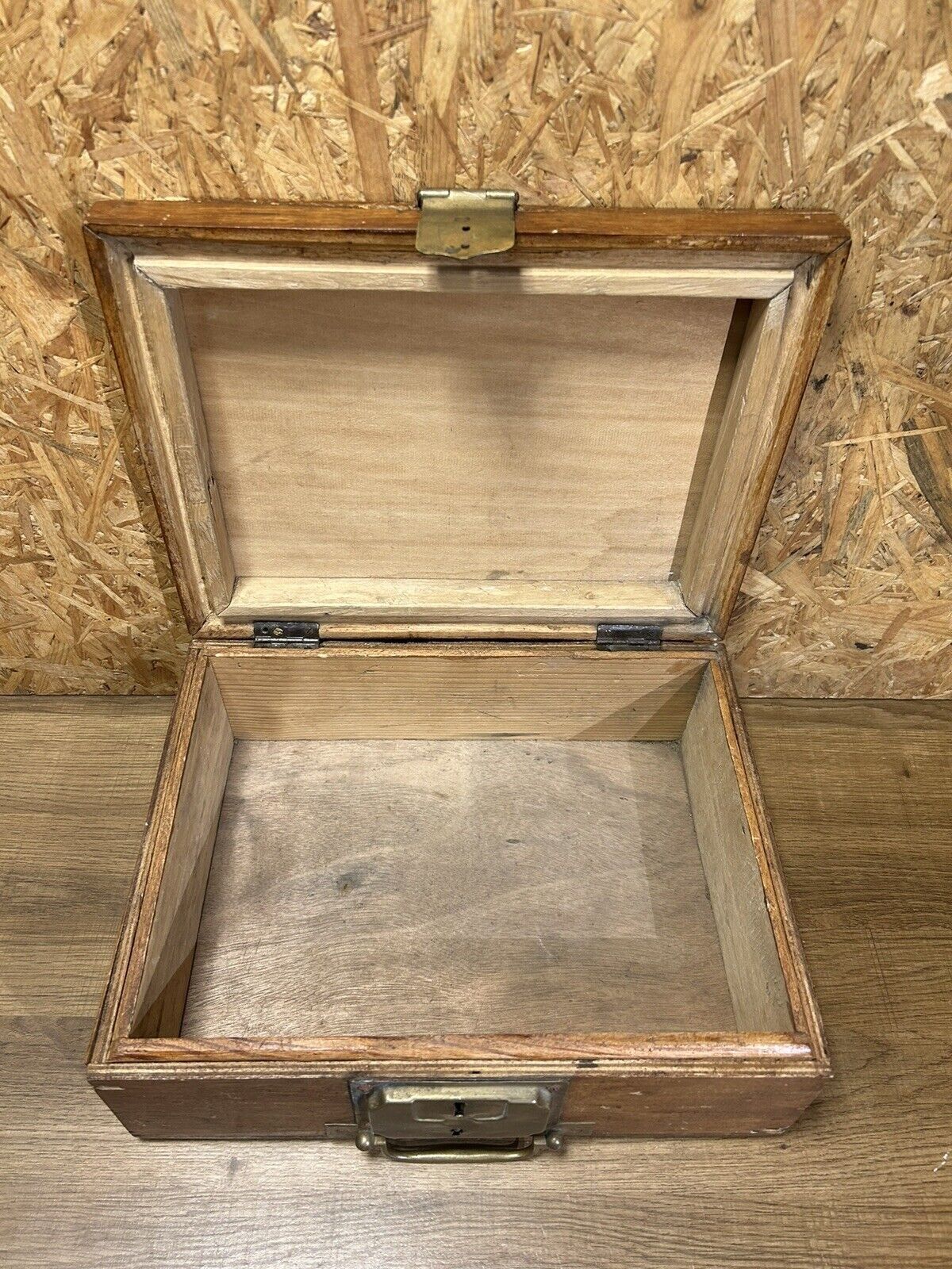 Old wood and brass box, decoration loft workshop, furniture of trades