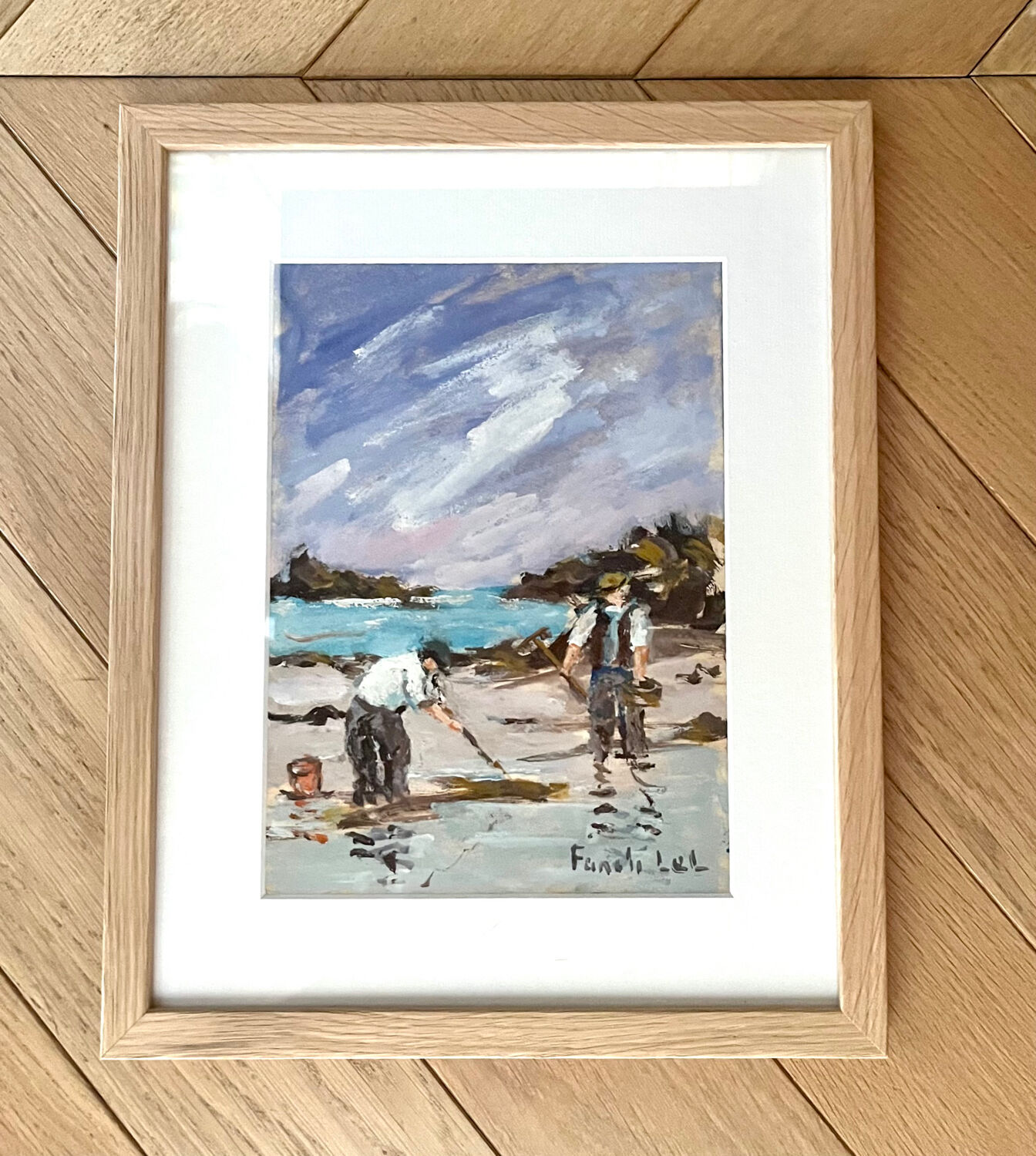 Pêche à pieds à Saint Lunaire, gouache sur crying signée Fanch Lel