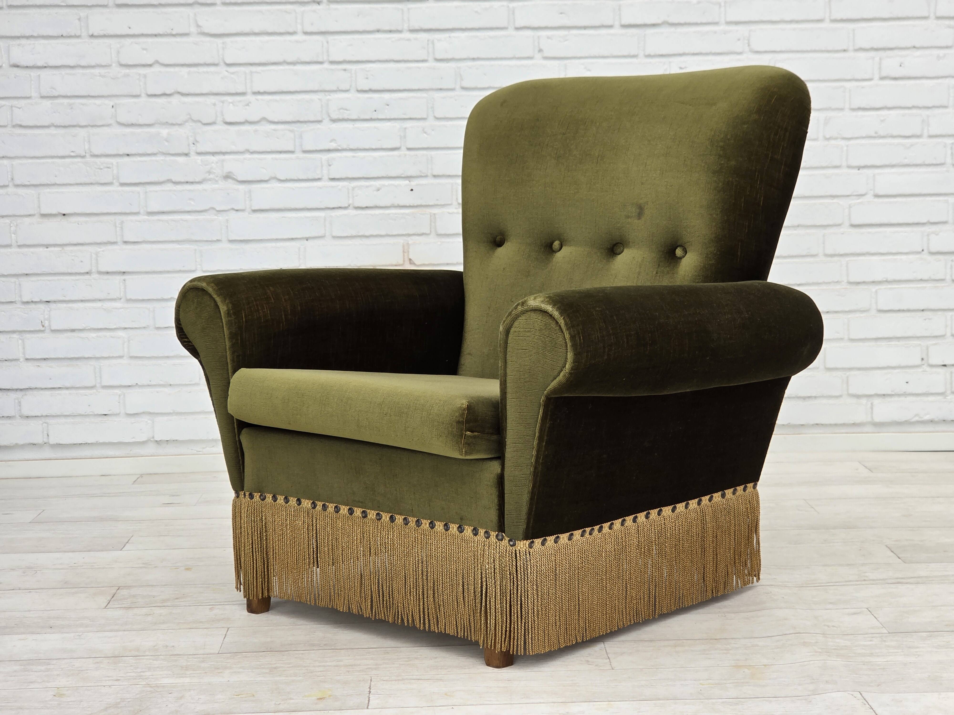 1970s, Danish lounge chair, high, furniture velour, ash wood legs.