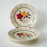 Set of 6 flat plates with flowers and tiles Gien model "Esterel", 1950