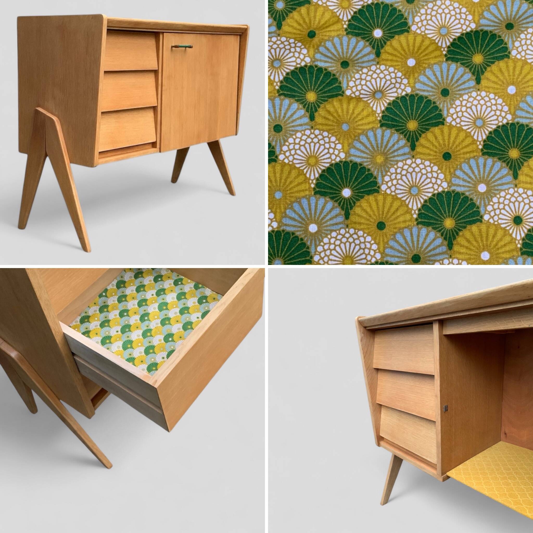 Vintage chest of drawers with compass legs, light oak, 1960s