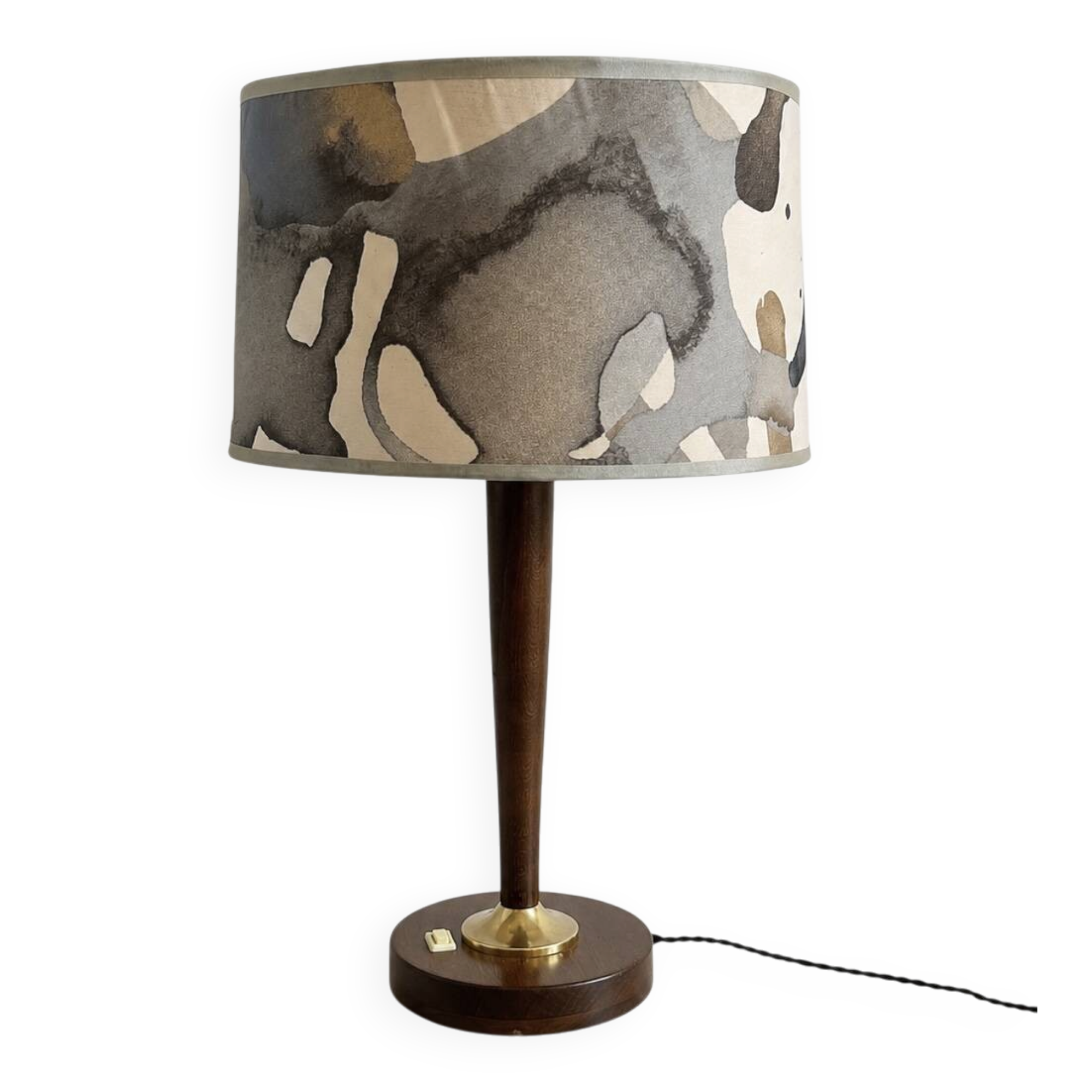 Lampe de table en bois et laiton, abat-jour imprimé, années 1970