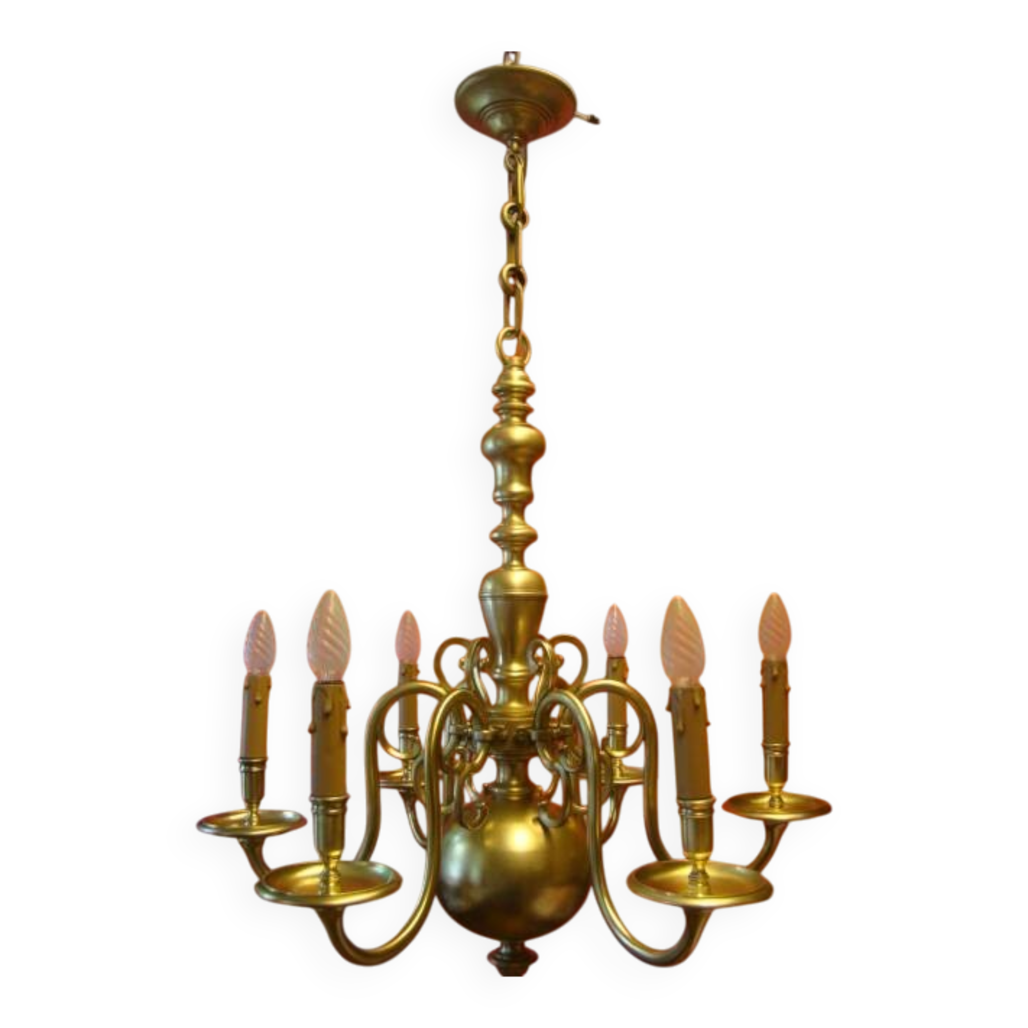 Dutch chandelier in solid bronze with 6 light arms, early 20th century.