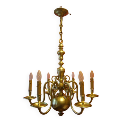Lustre hollandais en bronze massif à 6 bras de lumière, époque début 20ème
