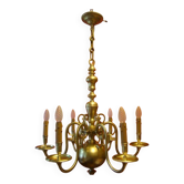Lustre hollandais en bronze massif à 6 bras de lumière, époque début 20ème