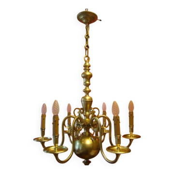 Lustre hollandais en bronze massif à 6 bras de lumière, époque début 20ème