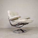 Leolux armchair, swivel chair with white leather upholstery, 1960s