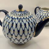 Service à thé russe en porcelaine Lomonosov en filet de Cobalt