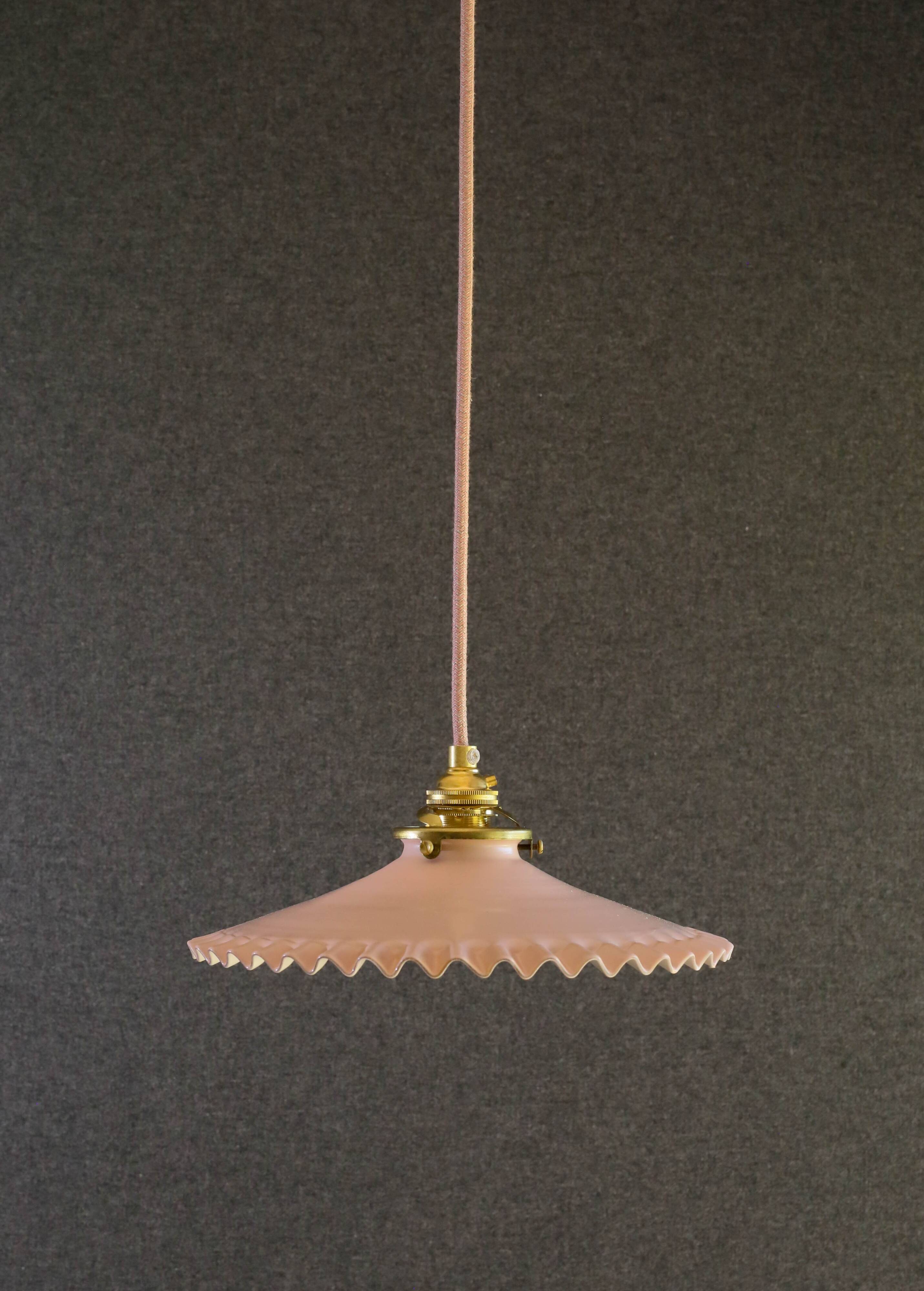 Opaline pendant light in pink and white painted glass, delivered with new cable and socket