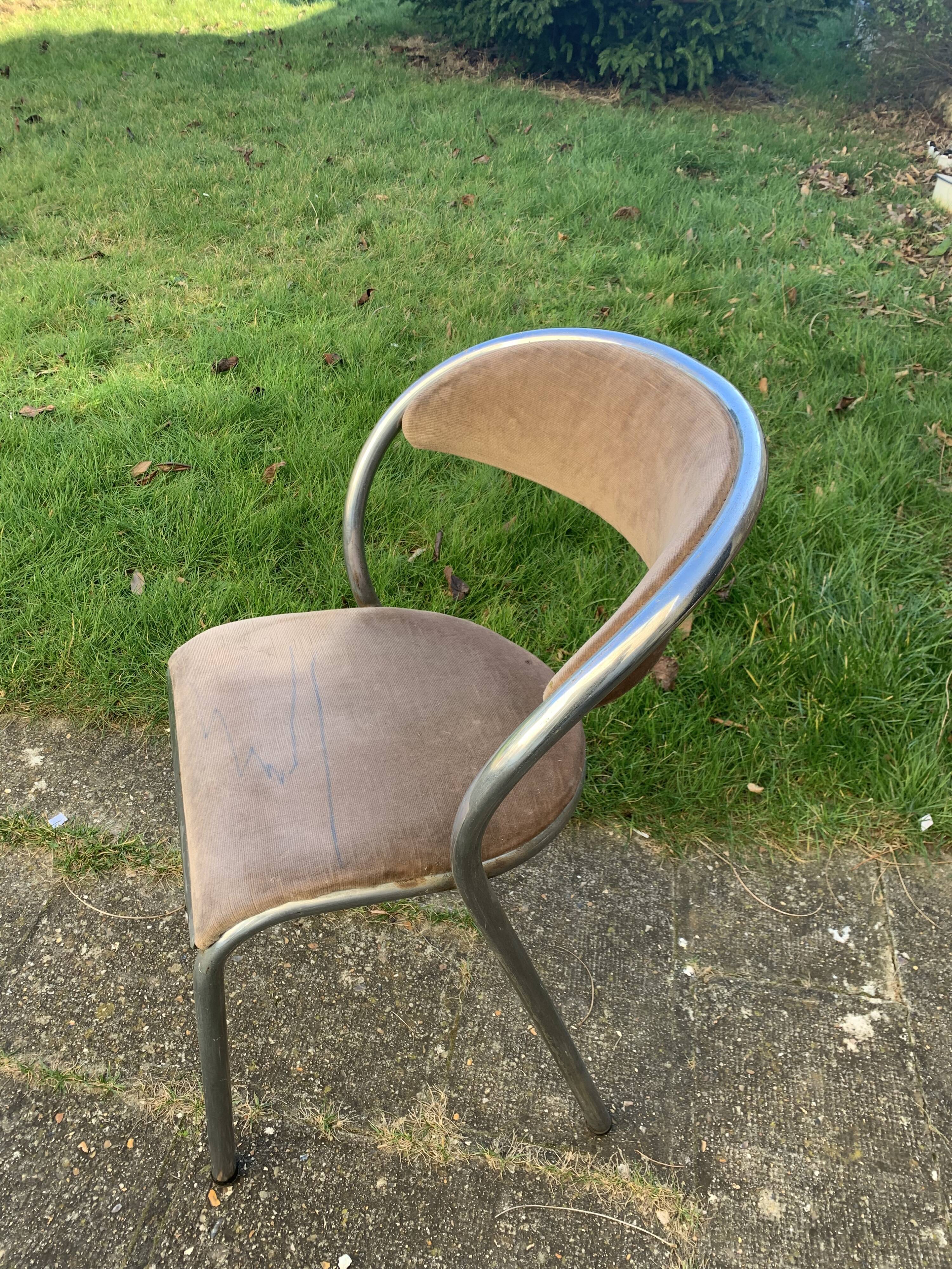 Chair in beige velvet and chrome, curved shape, vintage 1950