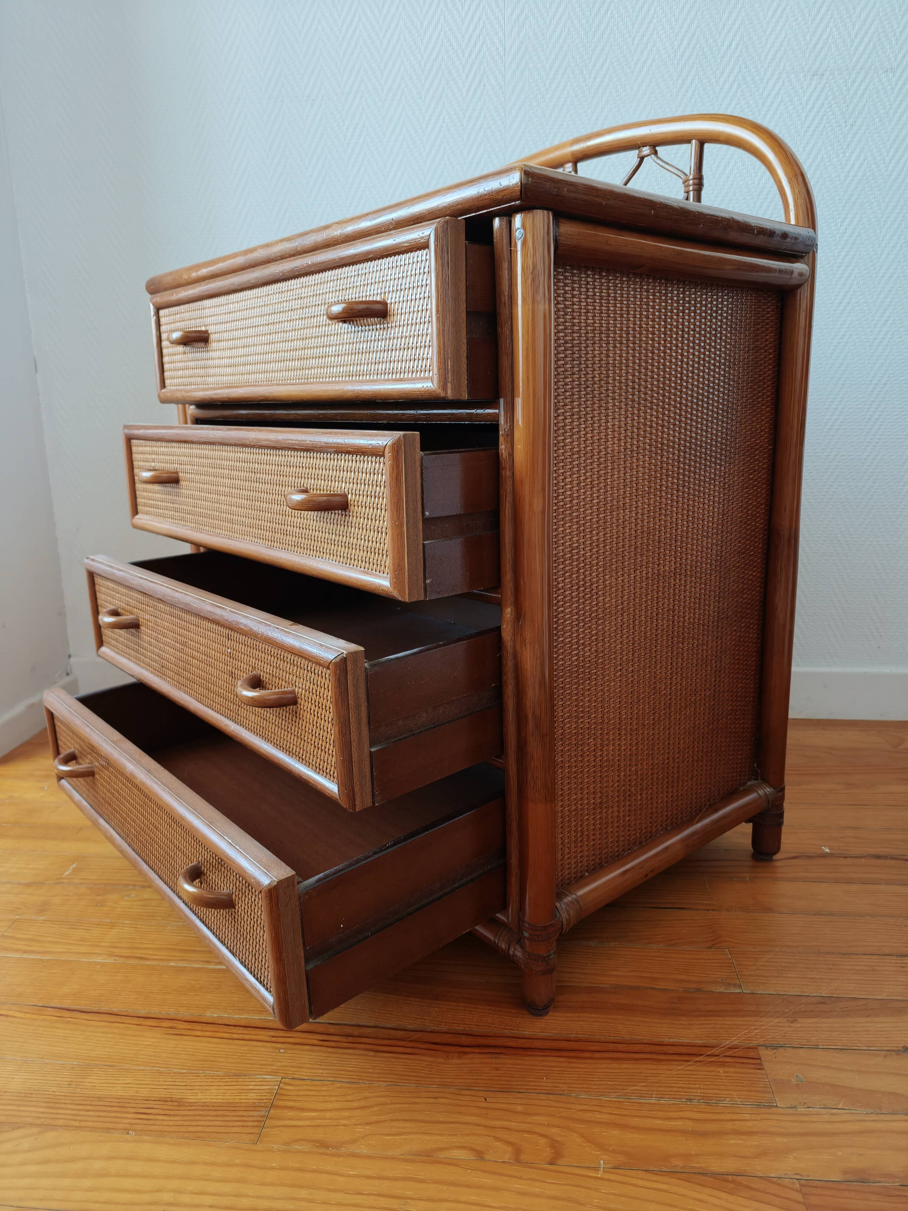 Vintage rattan and cane commode from the 1970s.