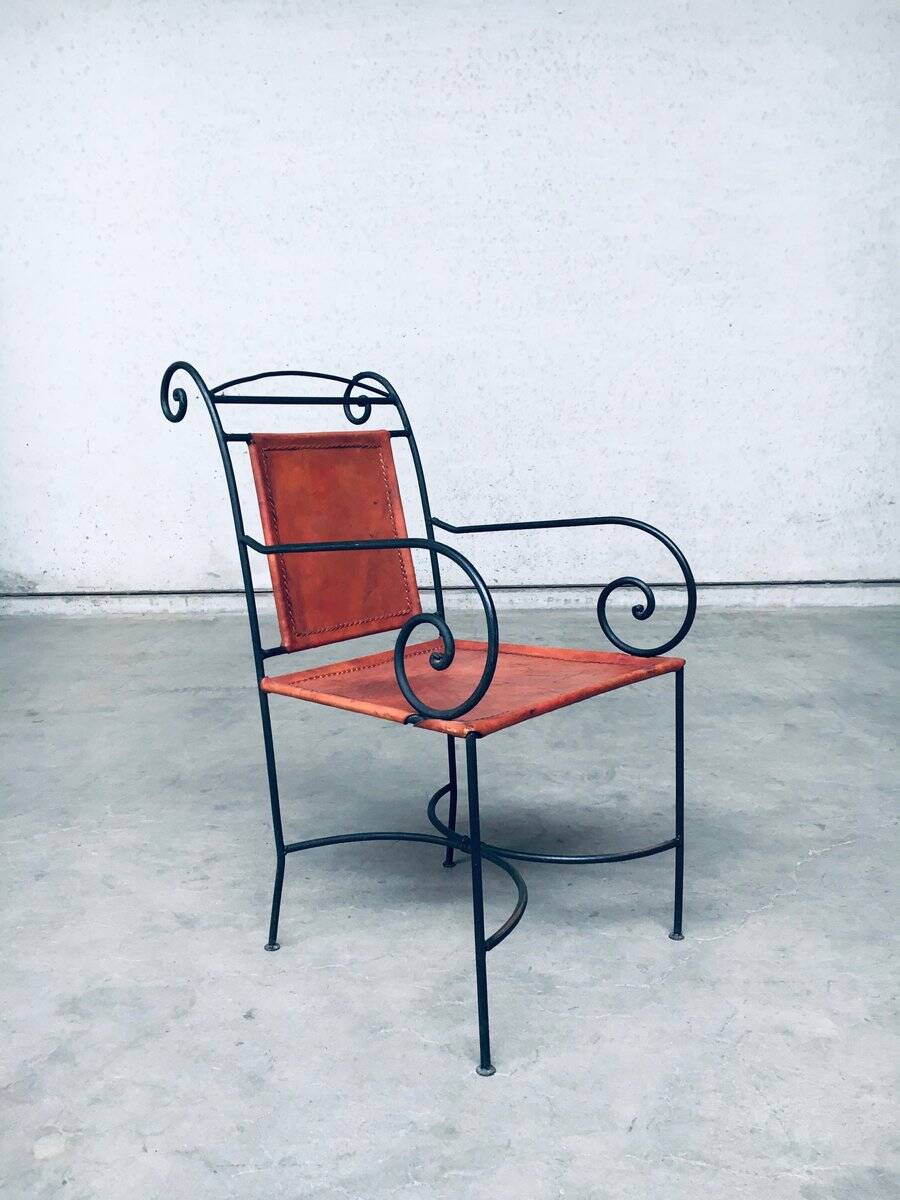 Wrought Iron and Leather Swirl Dining Chairs, Spain, 1960s, Set of 6