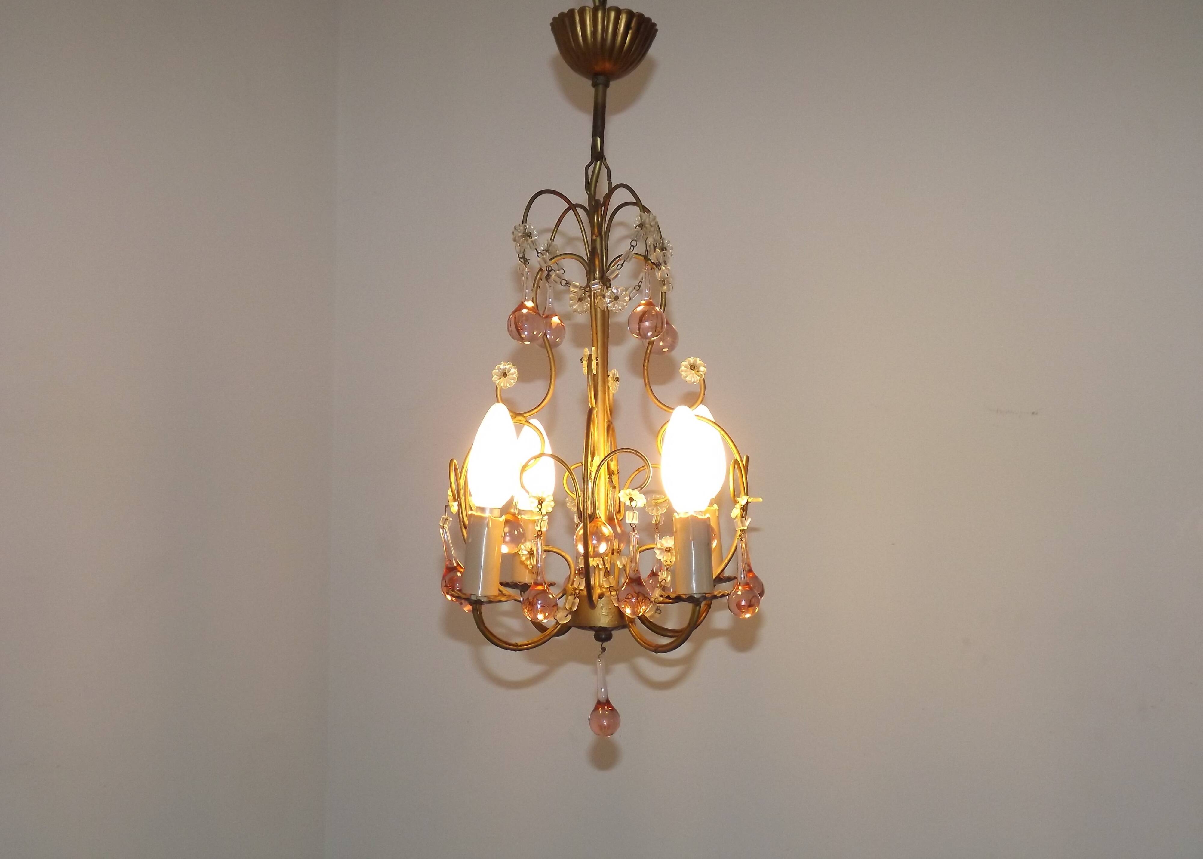 French Vintage 4 Light Metal Cage Chandelier with Bead Swag and Pink Murano Drops