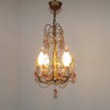 French Vintage 4 Light Metal Cage Chandelier with Bead Swag and Pink Murano Drops