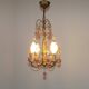 French Vintage 4 Light Metal Cage Chandelier with Bead Swag and Pink Murano Drops