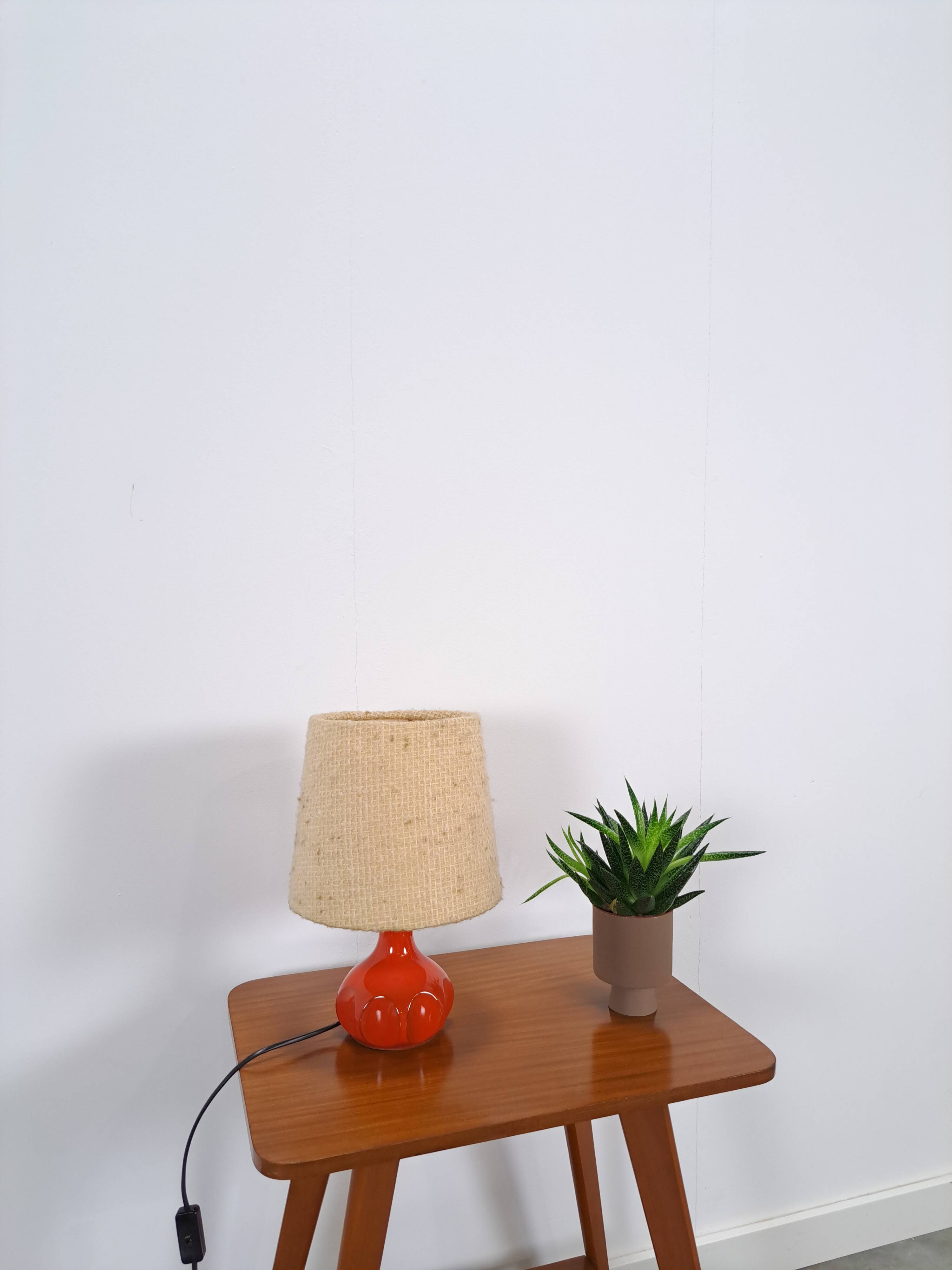 Ceramic table lamp orange with shade, vintage desk lamp