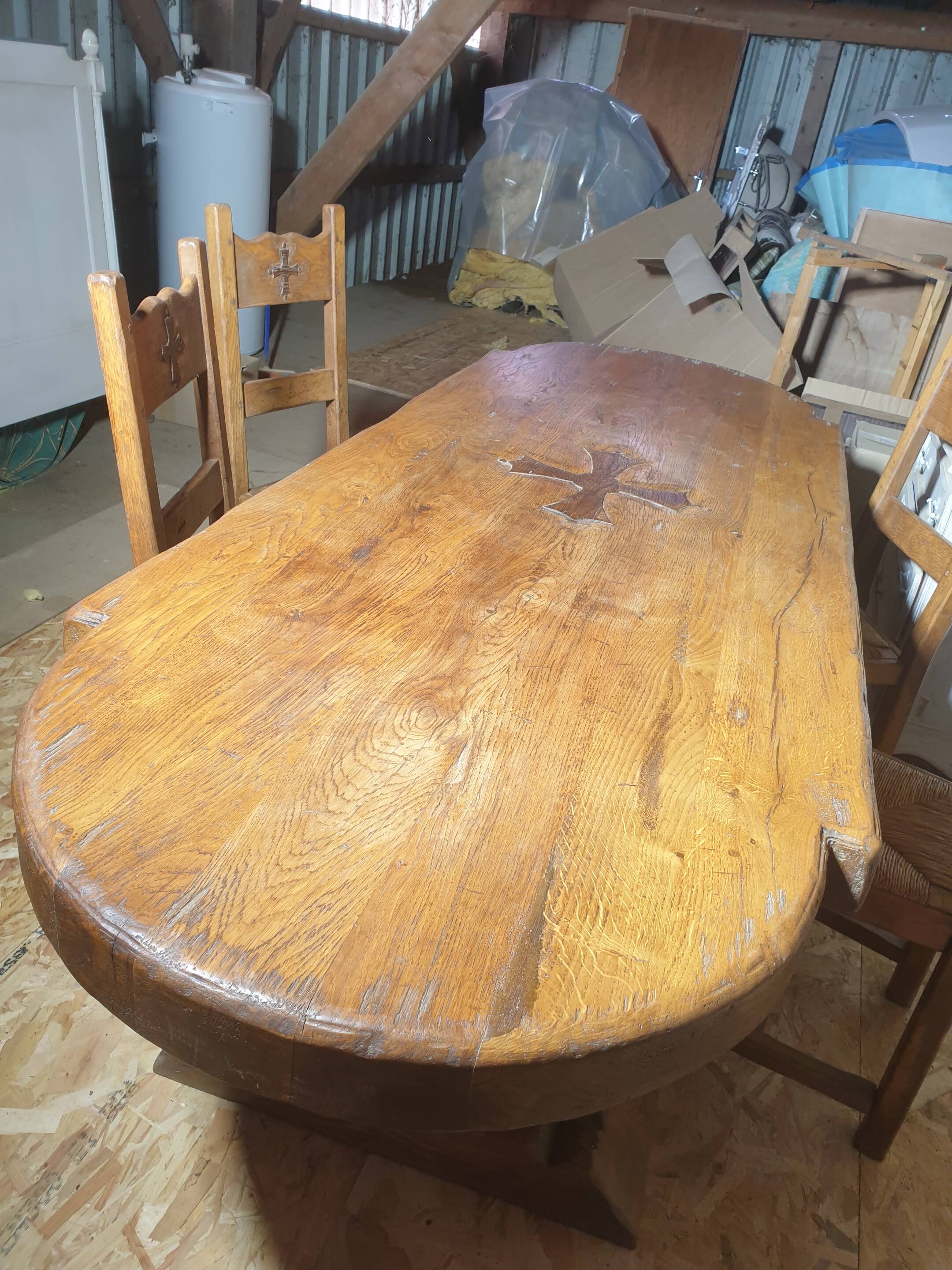 Monastery table with Occitan cross + 4 chairs - 20th century