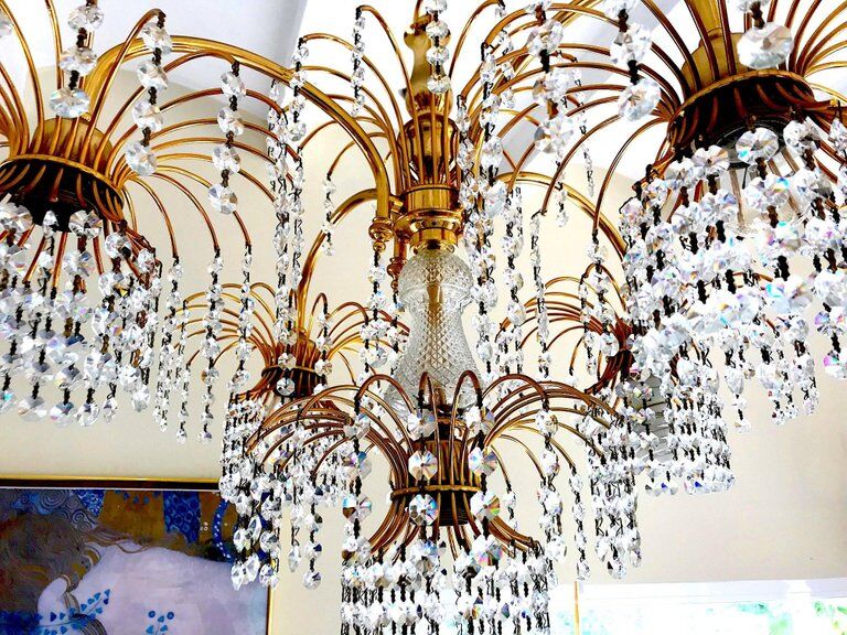 Chandelier crystal of Murano pagoda 1970 gold metal frame