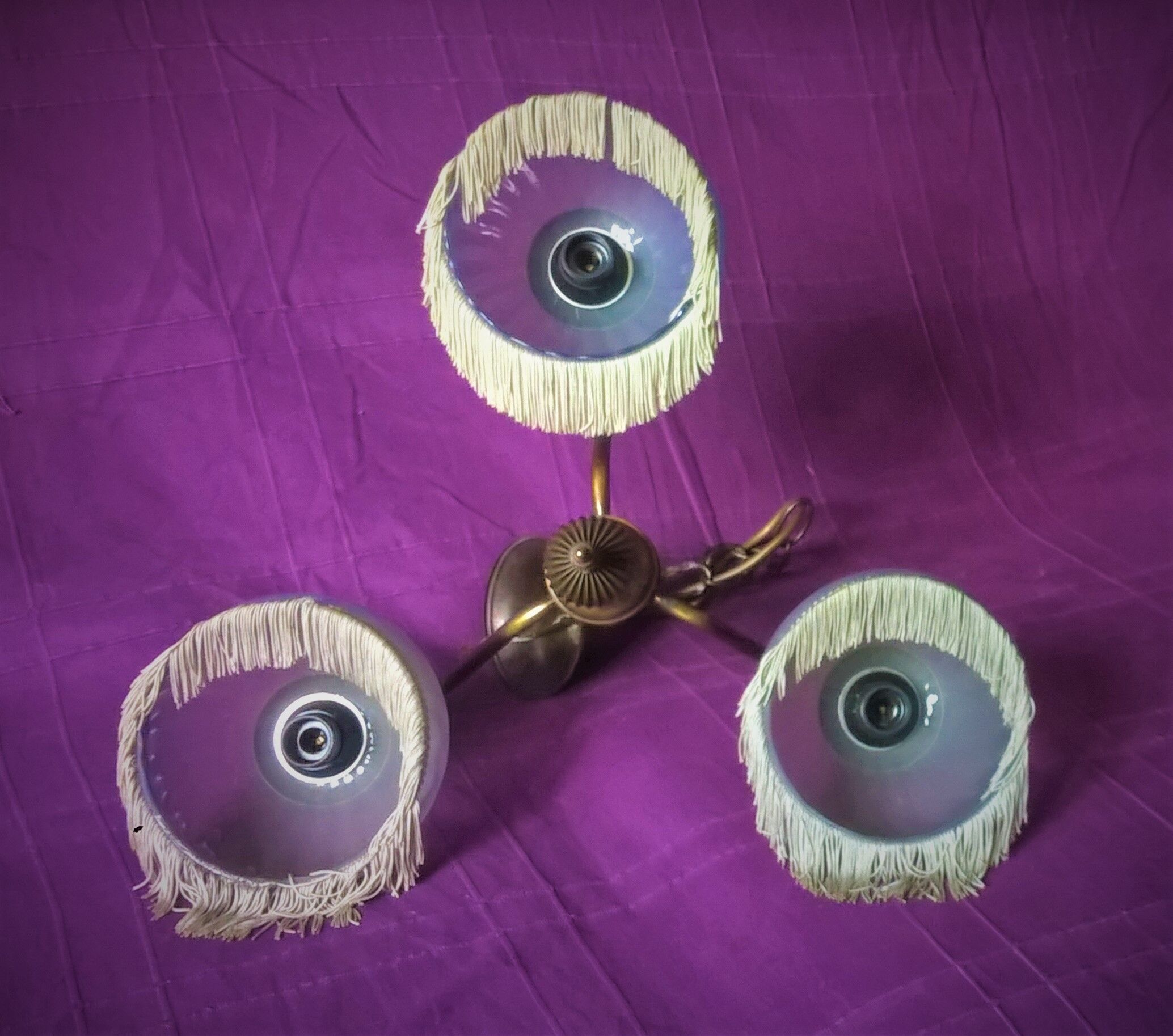 Vintage chandelier art-deco gold metal bronze three half-globes frosted glass and fabric stamps