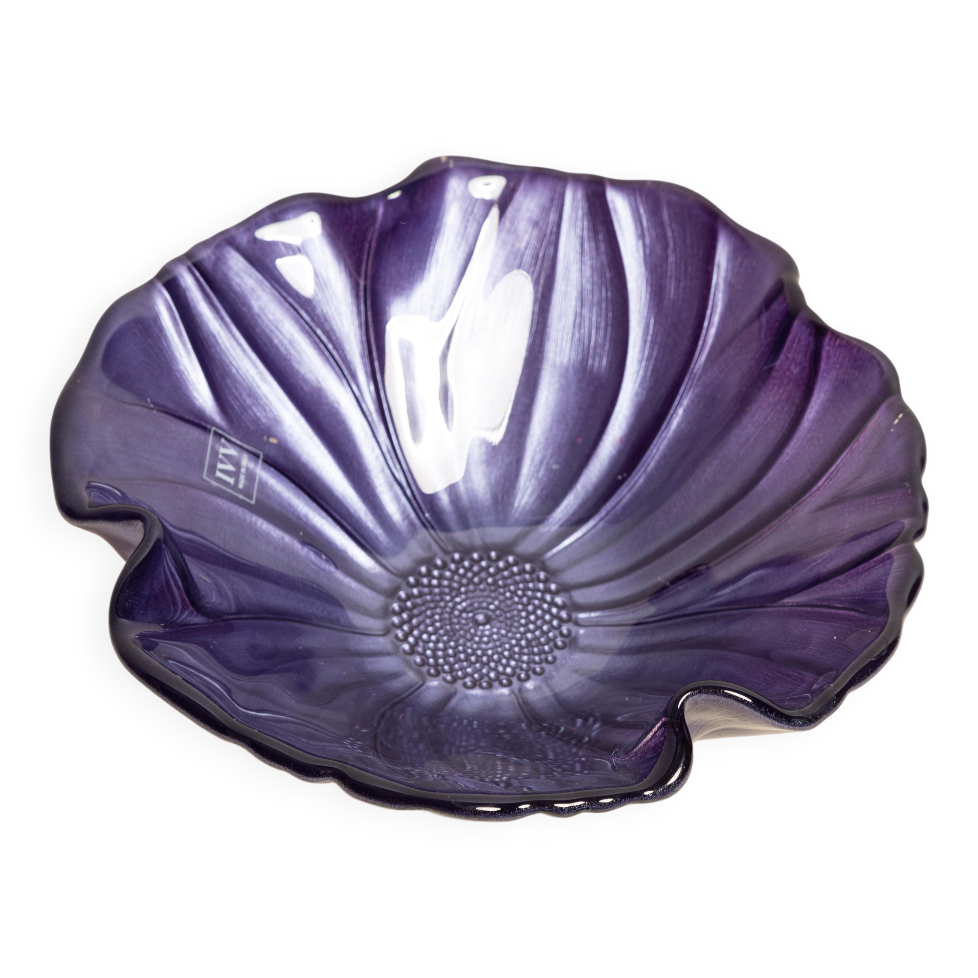 Vintage decorative glass plate in purple with flower pattern, Italy, 1960s.