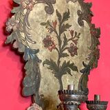 18th Century Rococo Venetian Polychrome and Mecca Lacquered Wooden Wall Sconces with Iron Arms, Set of 2