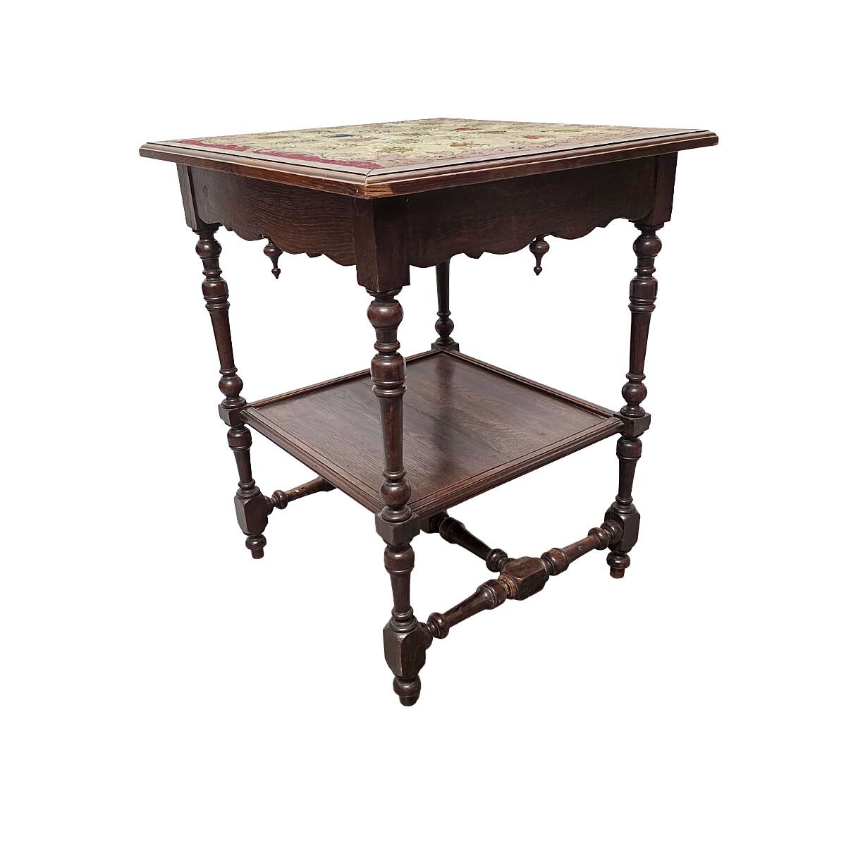 Antique French oak Side Table With Embroidered Top, late 1800s