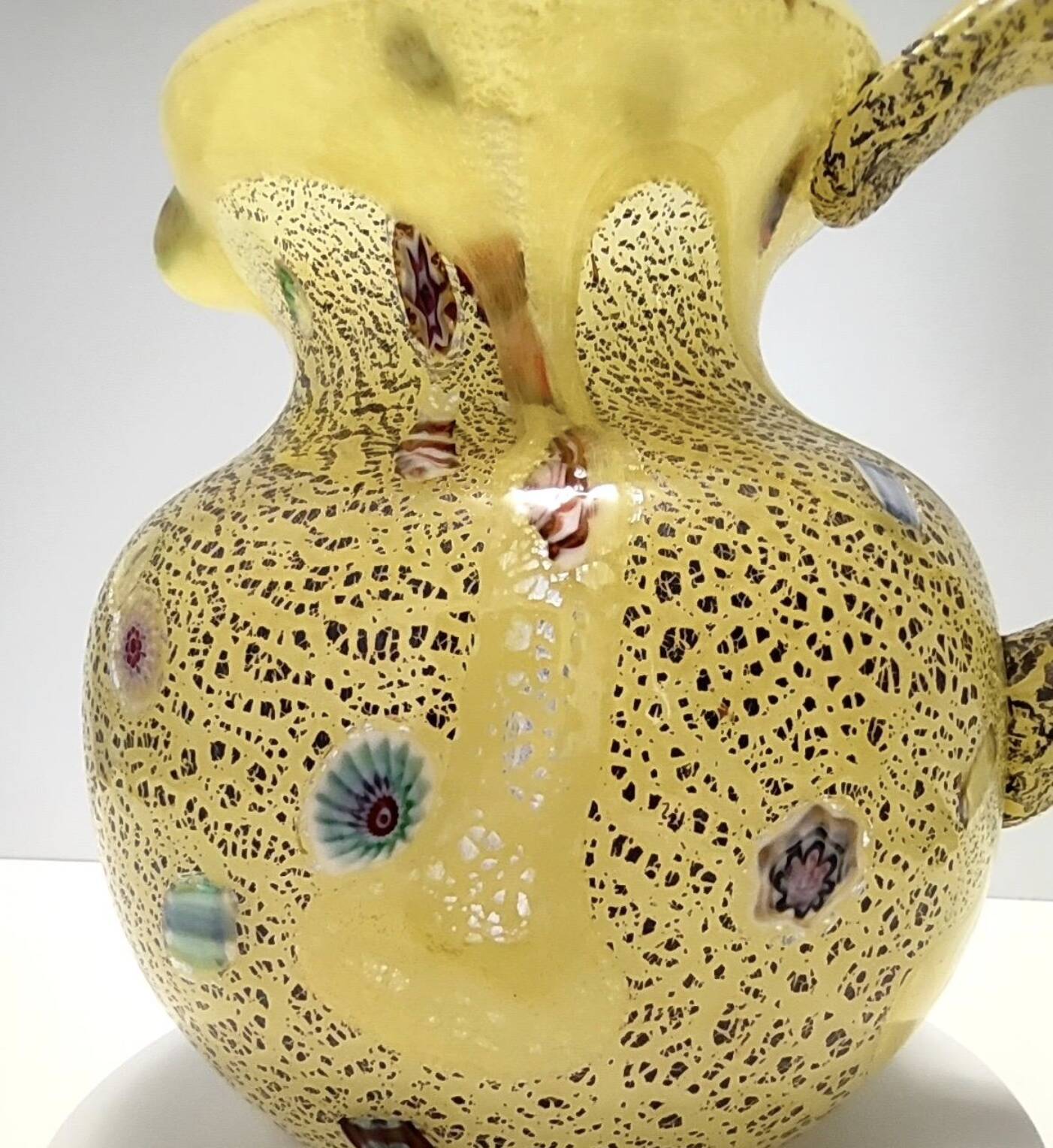 Postmodern Yellow Opaline Hand Blown Glass Jug with Murrines and Silver Flakes