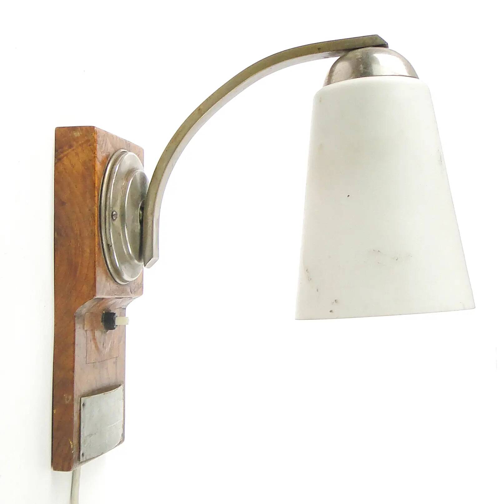 Art Deco wall lamp, nickel-plated brass, walnut wood, Czechoslovakia, 1950s