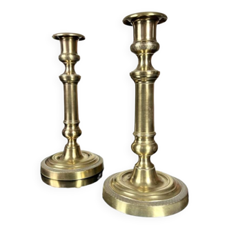 Paire de Bougeoirs en Bronze Guilloché - Luminaires Décoration 19e Siècle - Doré - Bougies