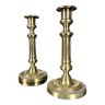 Paire de Bougeoirs en Bronze Guilloché - Luminaires Décoration 19e Siècle - Doré - Bougies