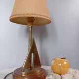 Marine table lamp with wooden base, brass sailboat, jute lampshade