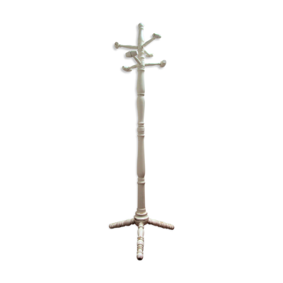 Portemanteau perroquet bois massif tourné blanc patiné vintage