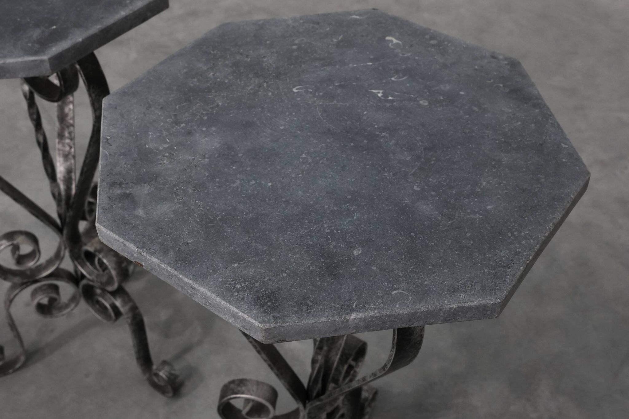Pair of French Wrought Iron Consoles with Belgian Blue Stone Tops, 1950s
