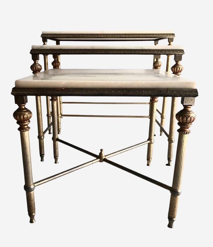 3 brass and marble nesting tables 1950