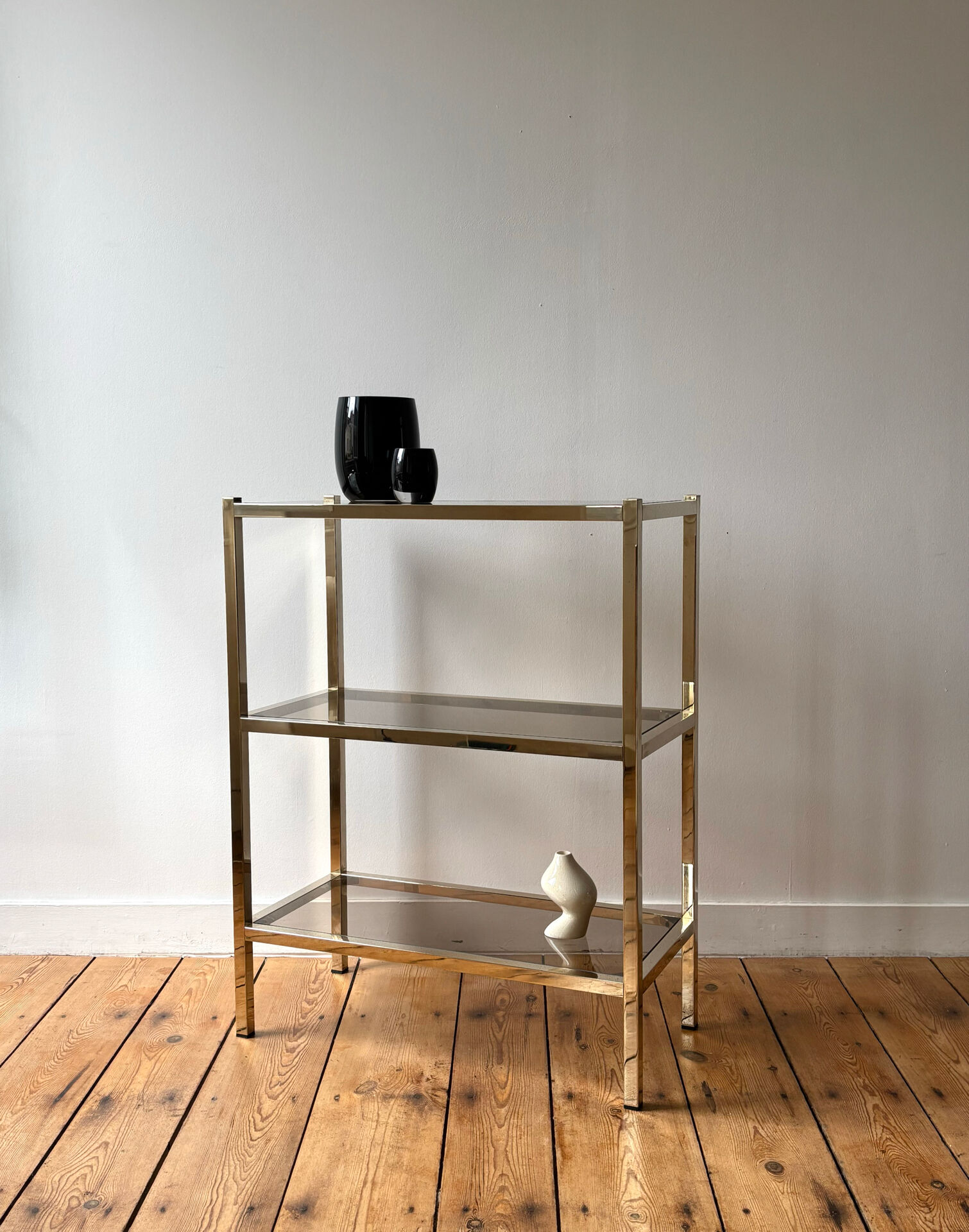 Brass and smoked glass library shelves