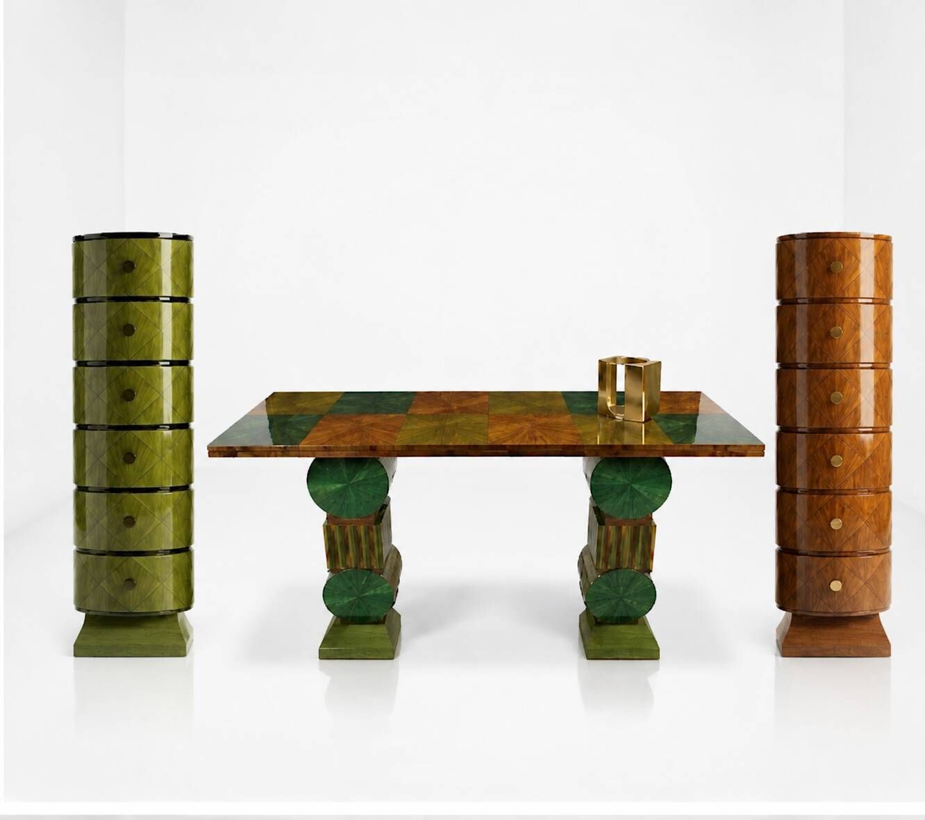 Two ragmen & an Art Deco console table in marquetry and beech.