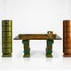 Two ragmen & an Art Deco console table in marquetry and beech.