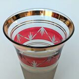 Granite art deco bohemian crystal vase with cranberry pink band and gold edging