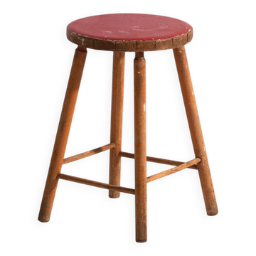 Tabouret ancien en bois à assise ronde – Europe centrale, vers 1950