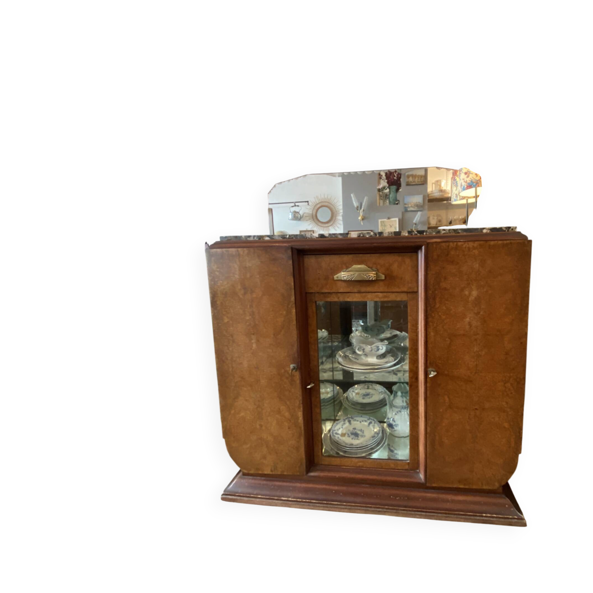 Art Deco wooden sideboard with mirror and marble