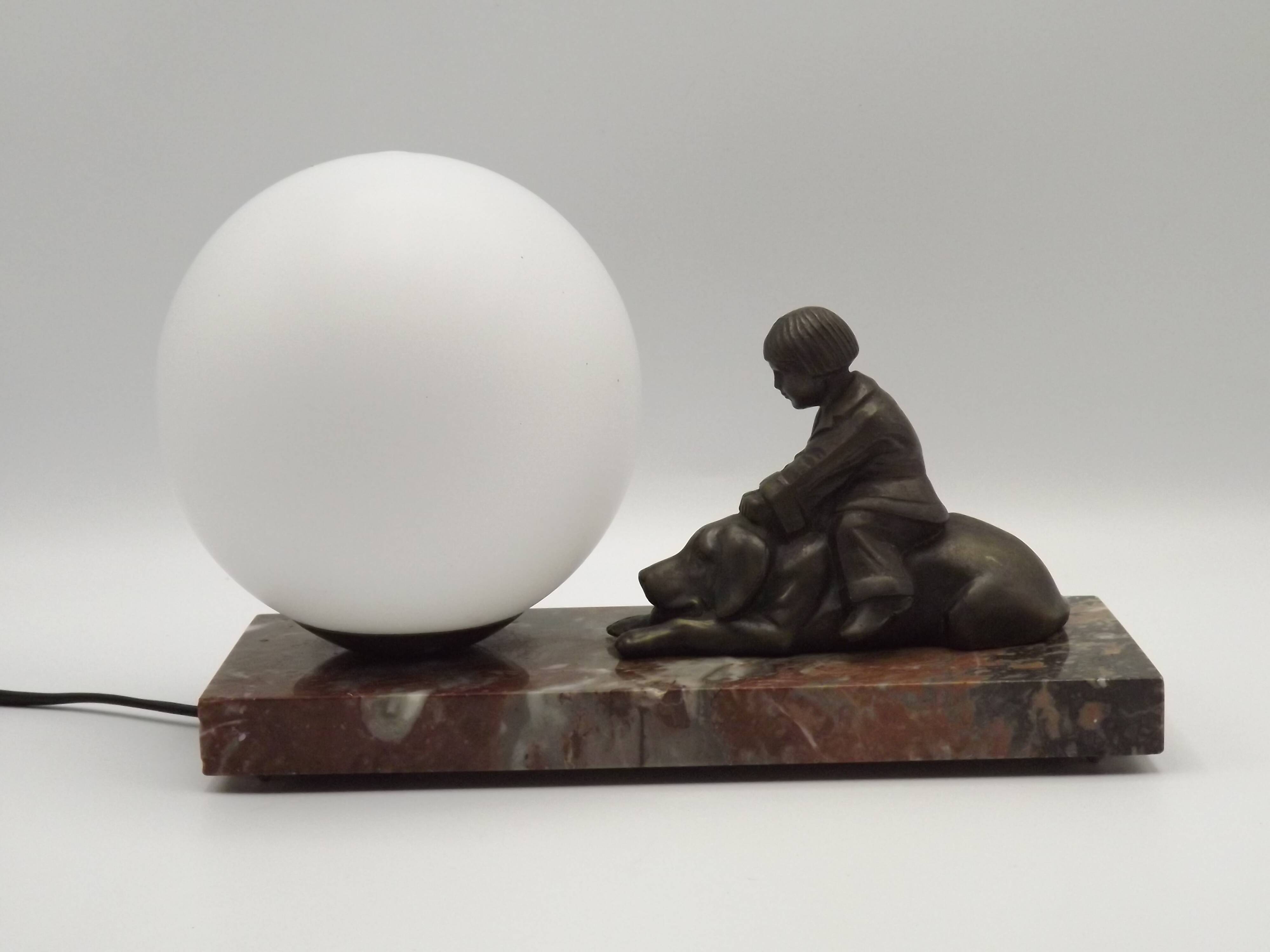 French Art Deco Table Lamp Vintage Dog & Child Figure Opaline Glass Shade