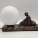 French Art Deco Table Lamp Vintage Dog & Child Figure Opaline Glass Shade