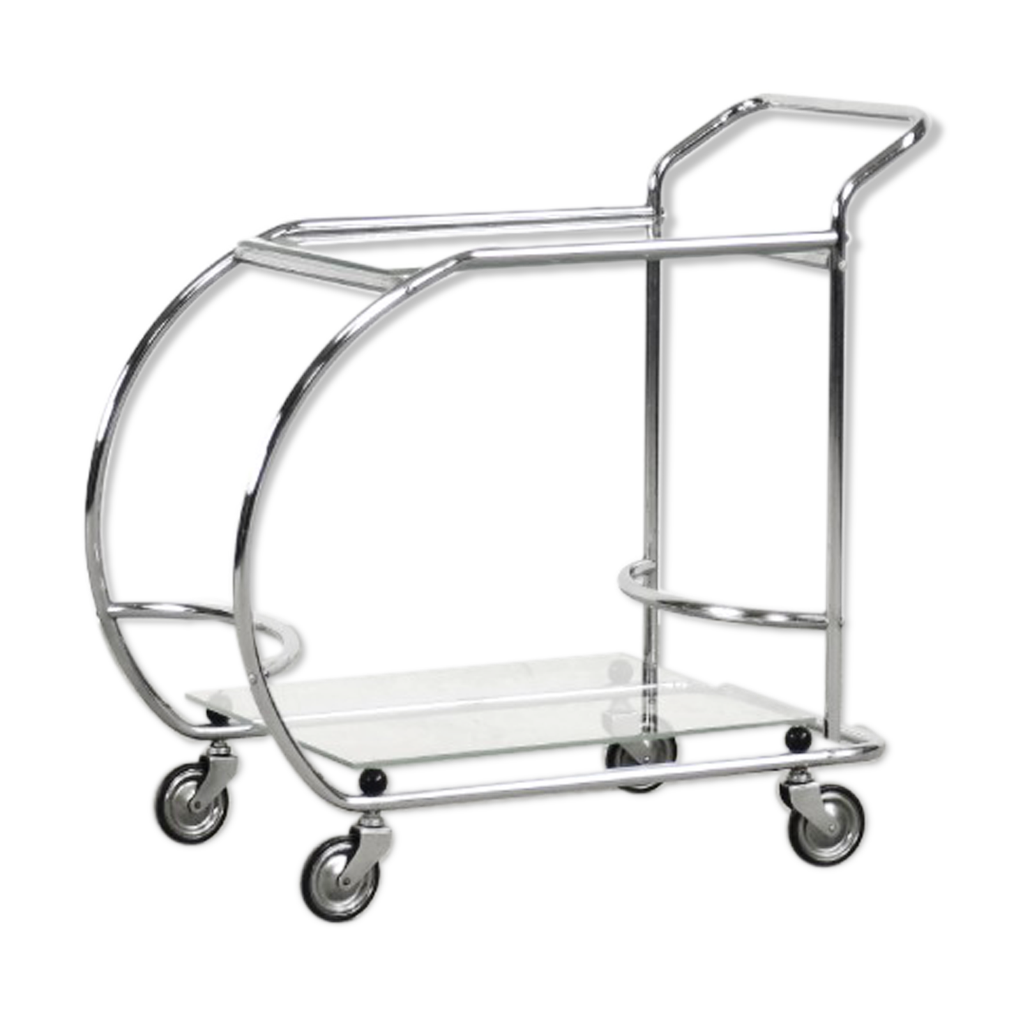 Vintage art dèco tubular steel chrome plated and glass bar cart, 1950s