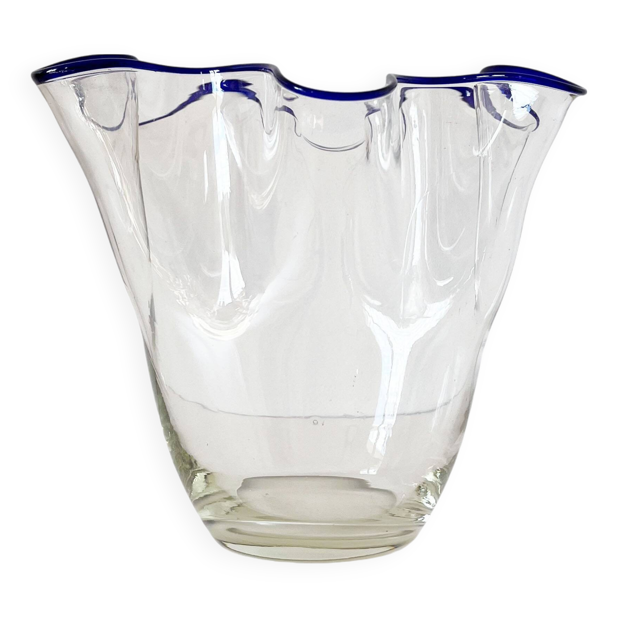 Blue-edged blown glass handkerchief vase